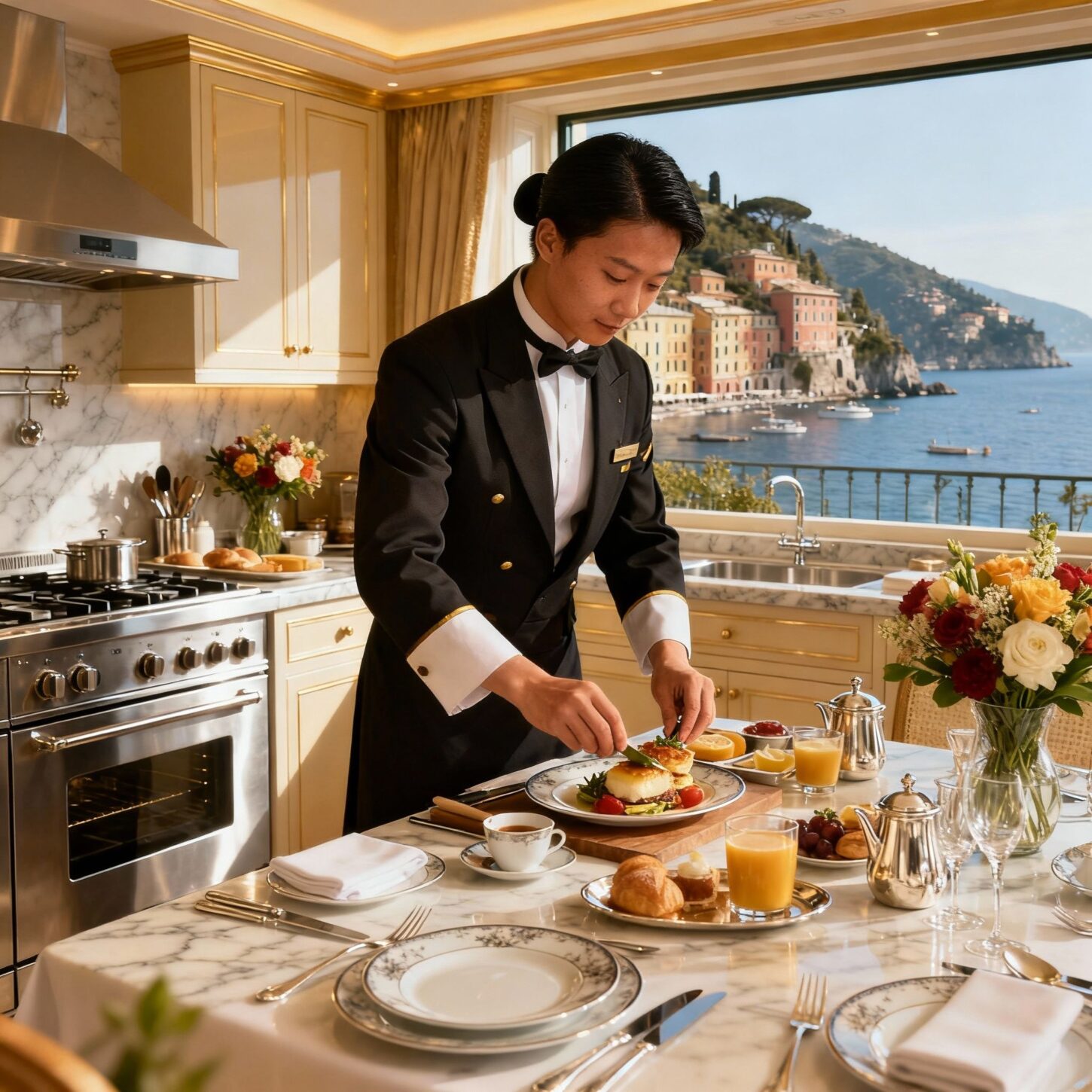 Migliore agenzia colf Portofino - Servizio colazione luxury in cucina di pregio