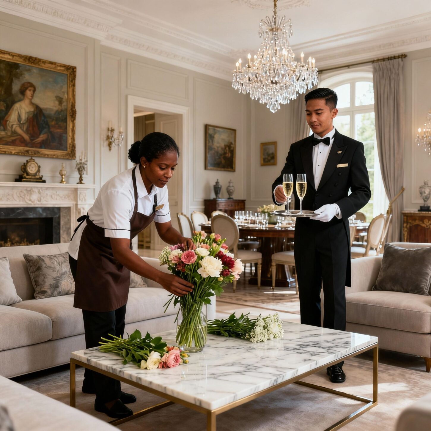 Migliore agenzia domestici Alessandria - governante srilankese decora salotto lusso con fiori freschi