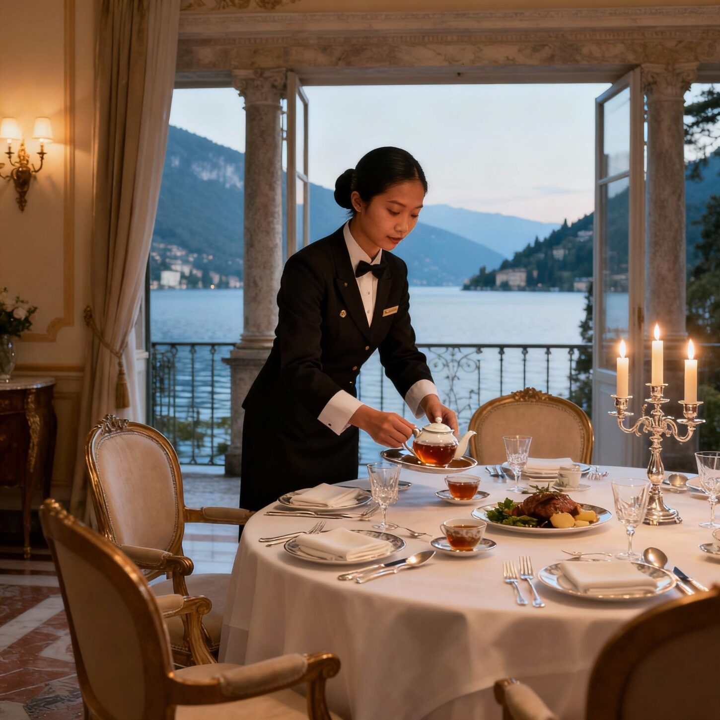 Migliore agenzia domestici Como - Staff asiatico prepara tavola gourmet con vista lago