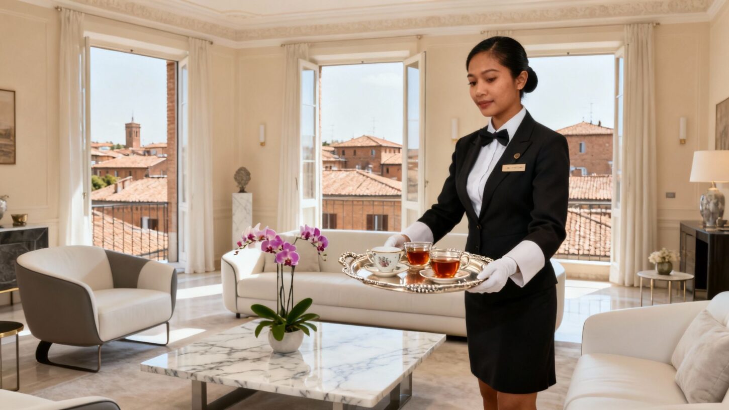 Migliore agenzia domestici Ferrara - Domestico asiatico in salotto luxury che serve tè
