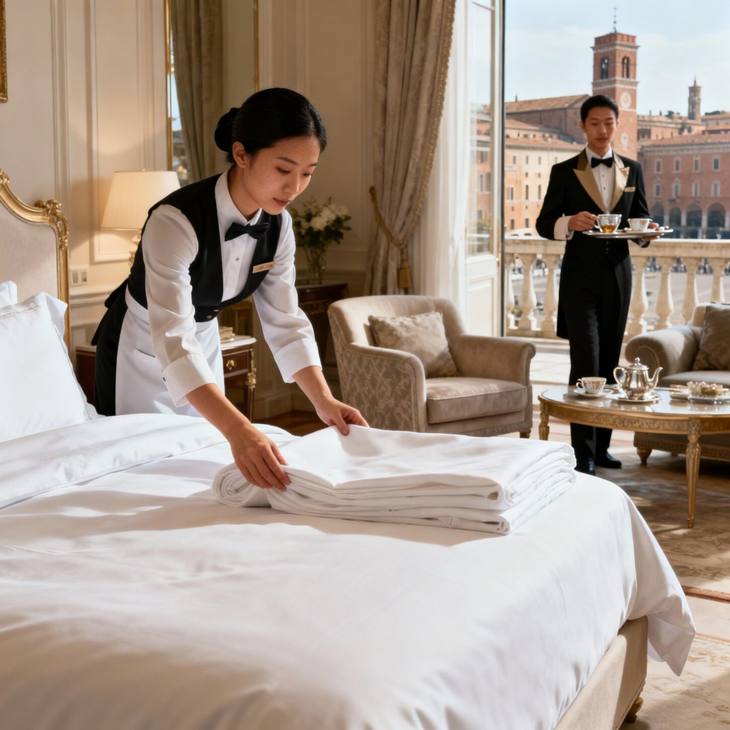 Migliore agenzia domestici Ferrara - Dettagli di servizio luxury con mani di domestico asiatico