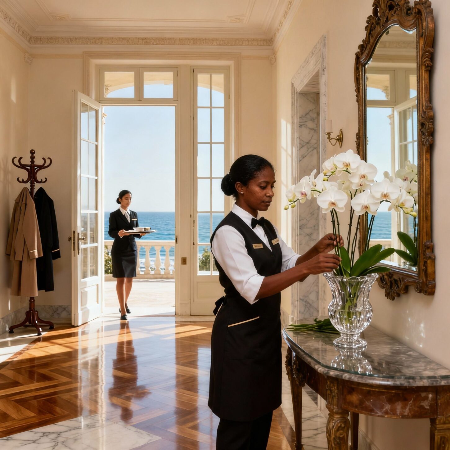 Migliore agenzia domestici Forte dei Marmi - Sri Lanka housekeeper allestisce ingresso con fiori freschi