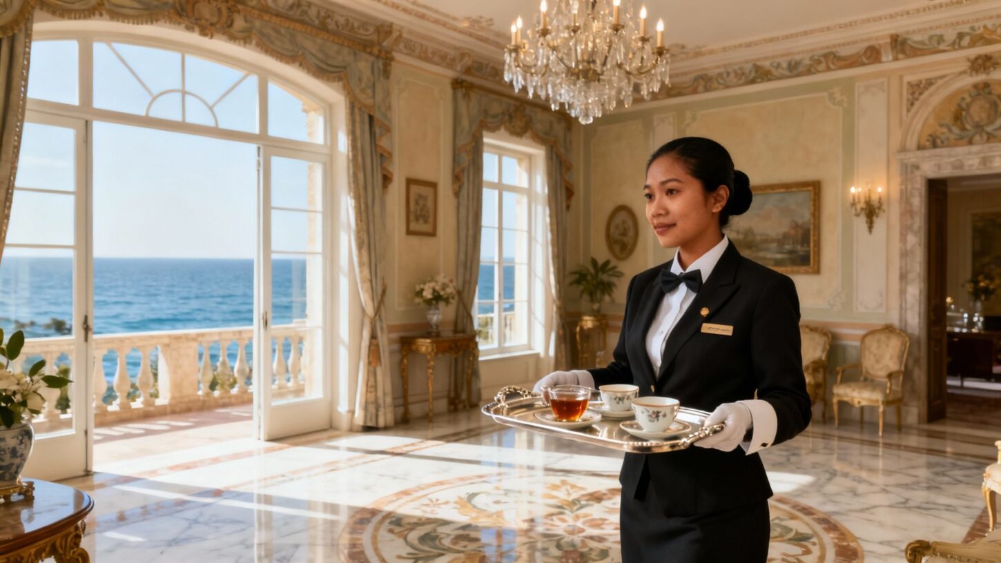 Migliore agenzia domestici Forte dei Marmi - Filippina professionale serve il tè in villa lusso con vista mare
