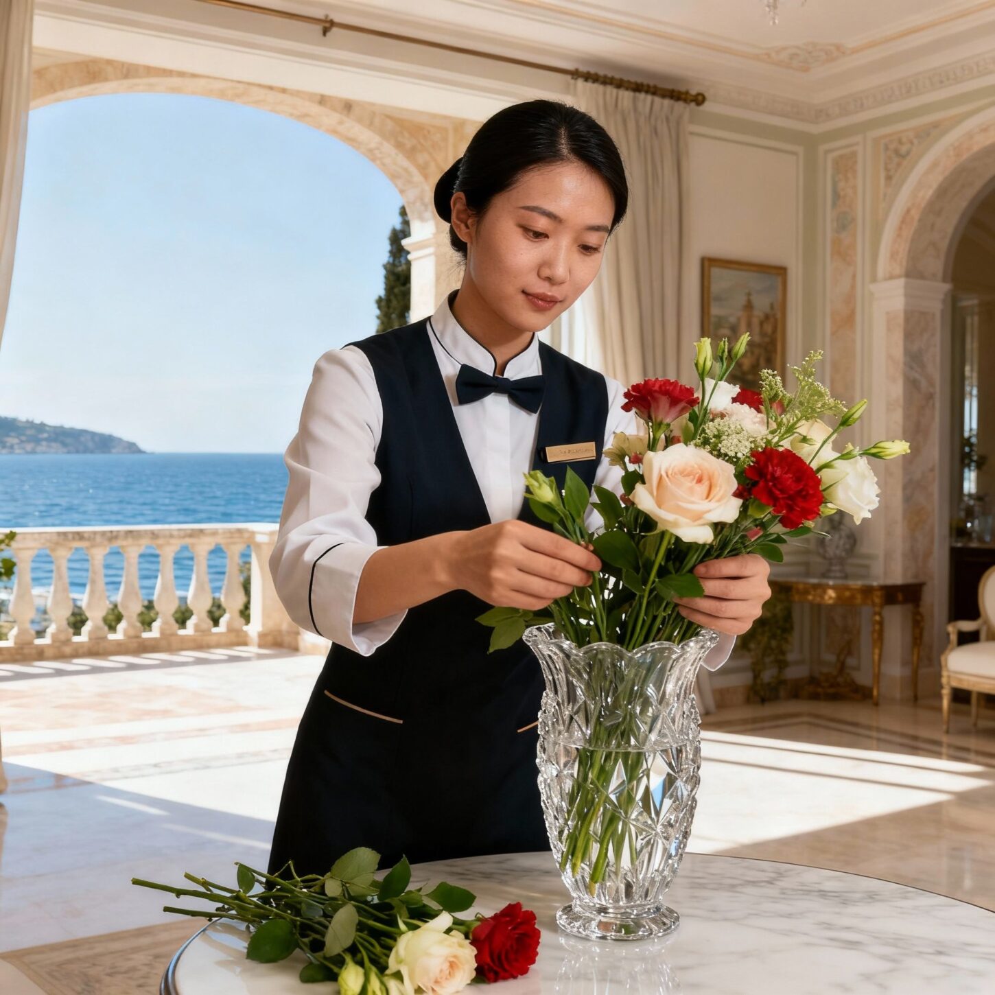 Migliore agenzia domestici Riccione - Dettaglio mani housekeeper composizione floreale luxury