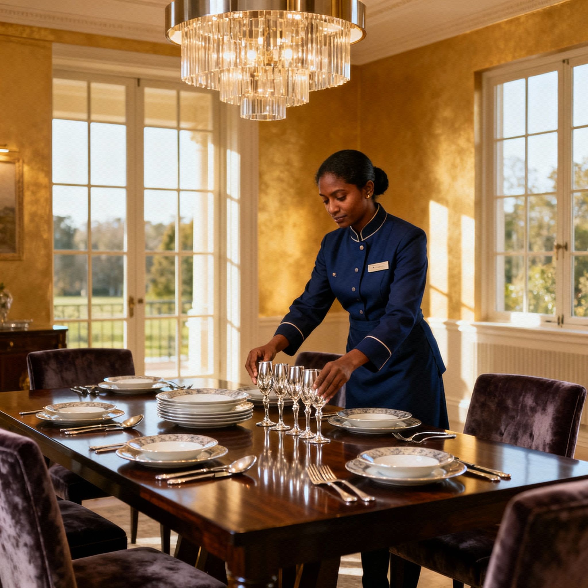 cercasi colf milano - colf dello Sri Lanka prepara una tavola elegante in una sala da pranzo, servizio domestico di lusso.