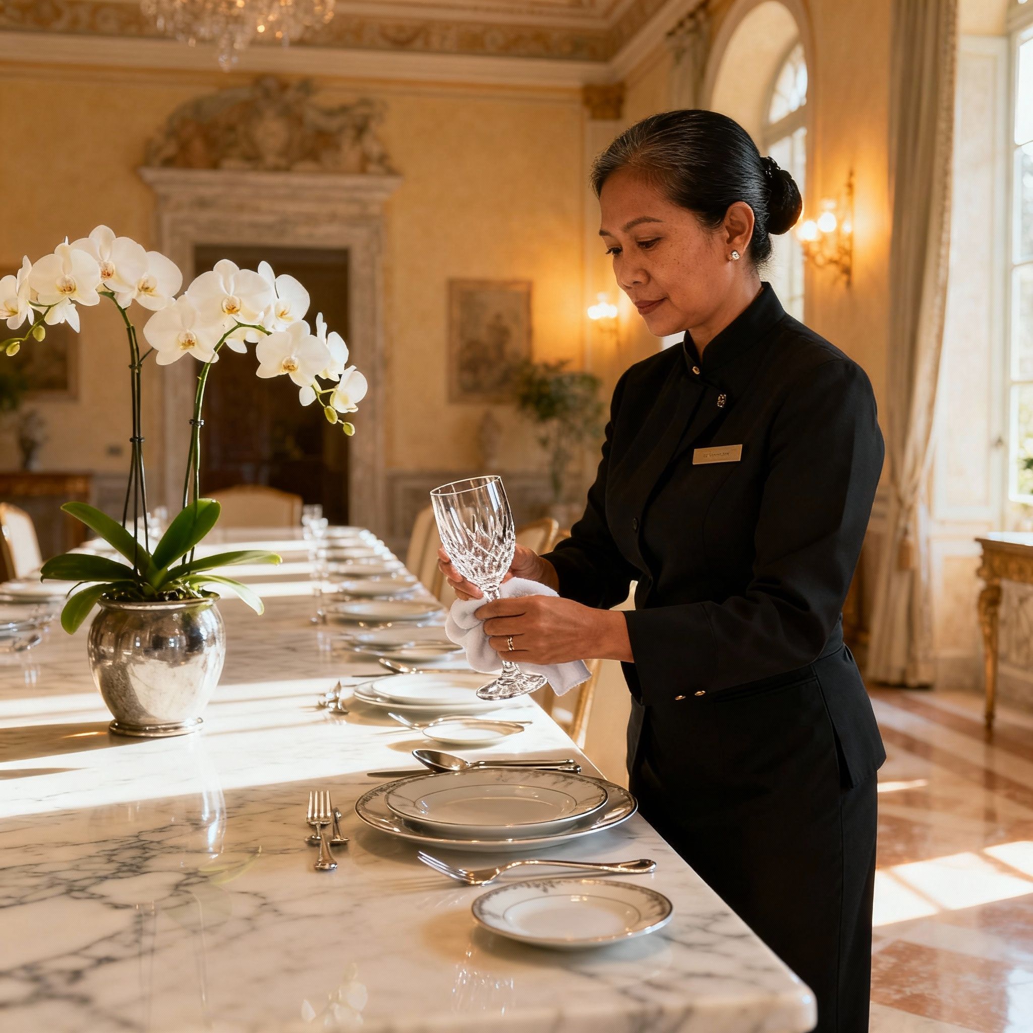 cerco colf convivente milano - colf filippina prepara tavola per cena elegante in residenza di lusso.