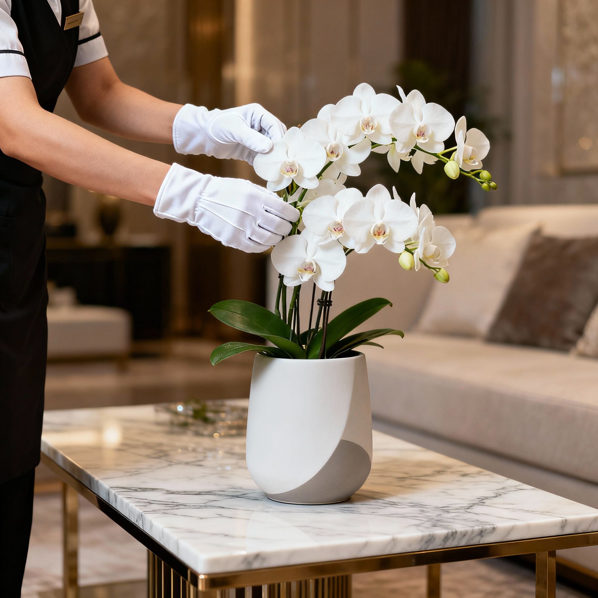 Dettaglio servizio colf filippina milano: mani esperte curano l'arredo di una casa di lusso con fiori freschi.