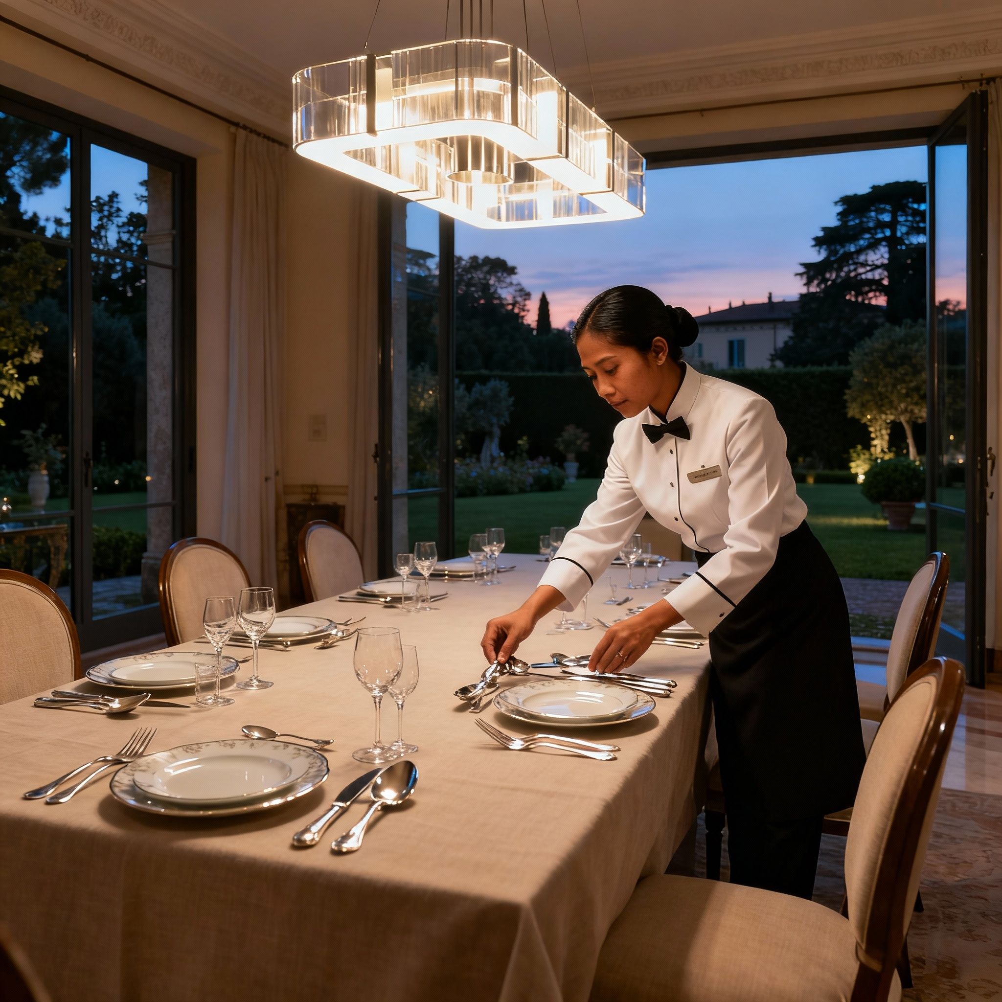 Una colf filippina a Milano prepara la tavola per una cena elegante. Servizio domestico di lusso per eventi impeccabili.