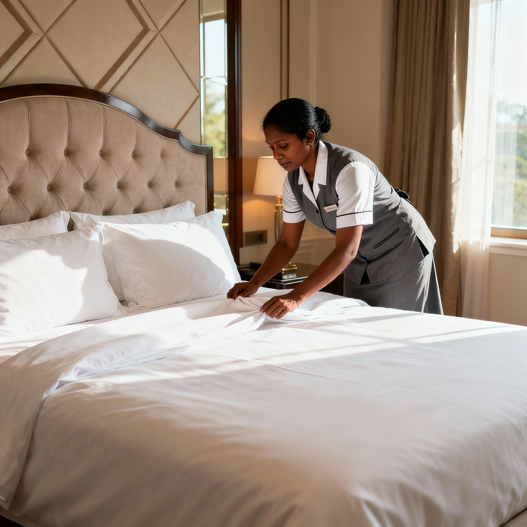 Servizio di colf fissa a Milano: una governante srilankese assicura l'ordine impeccabile di una camera da letto di lusso.