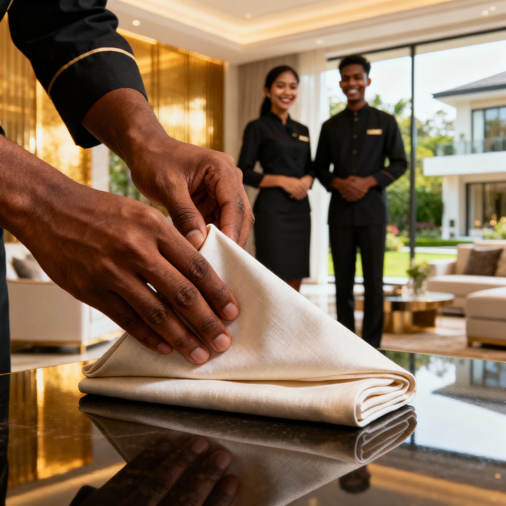 come assumere coppia domestici Sri Lanka - dettaglio delle mani di un domestico che piega un tovagliolo.