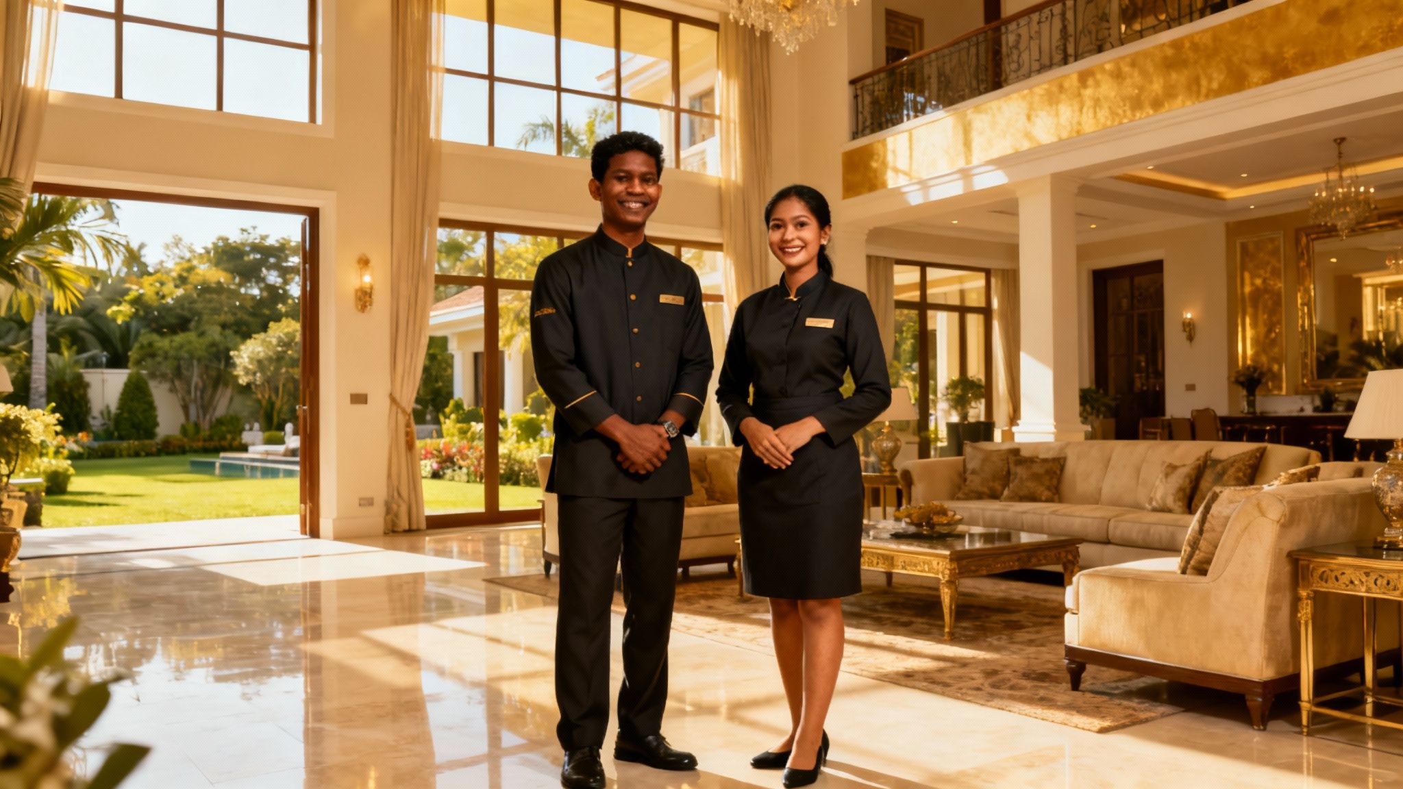 come assumere coppia domestici Sri Lanka - coppia sorridente in uniforme in un salotto di lusso. Guida per famiglie.