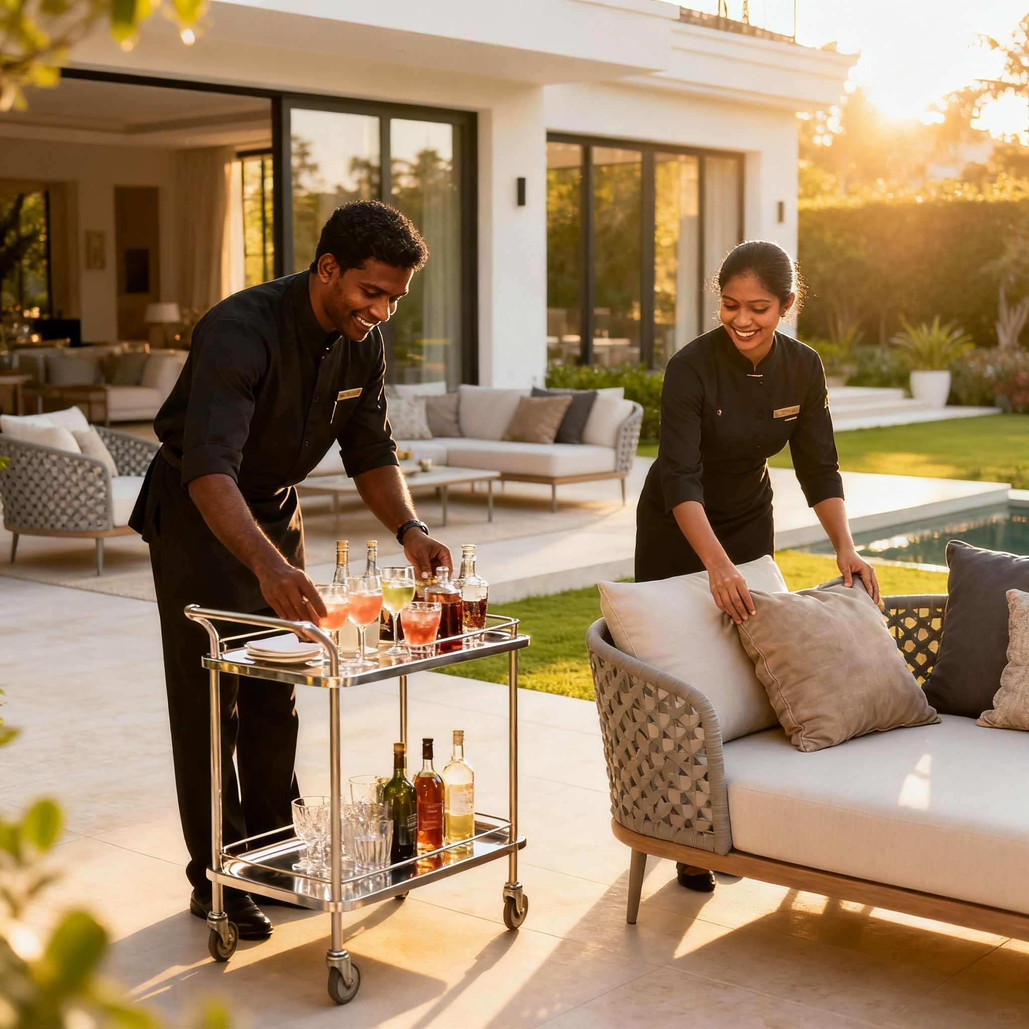 come assumere coppia domestici Sri Lanka - domestici che allestiscono una terrazza di lusso per un aperitivo.