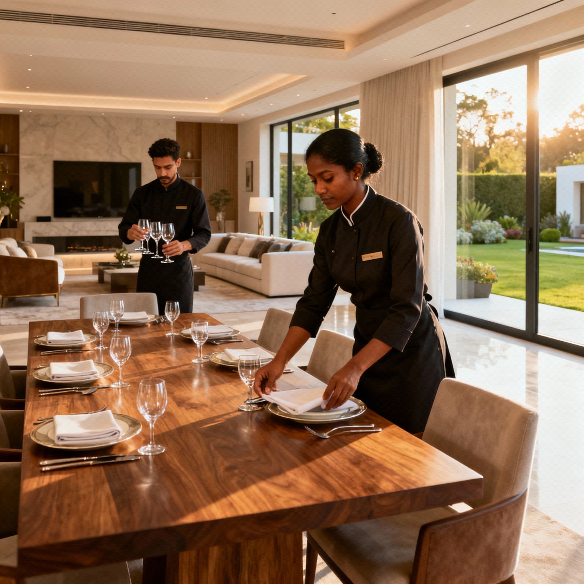 come assumere coppia domestici Sri Lanka - staff professionale che prepara una sala da pranzo elegante in una villa.