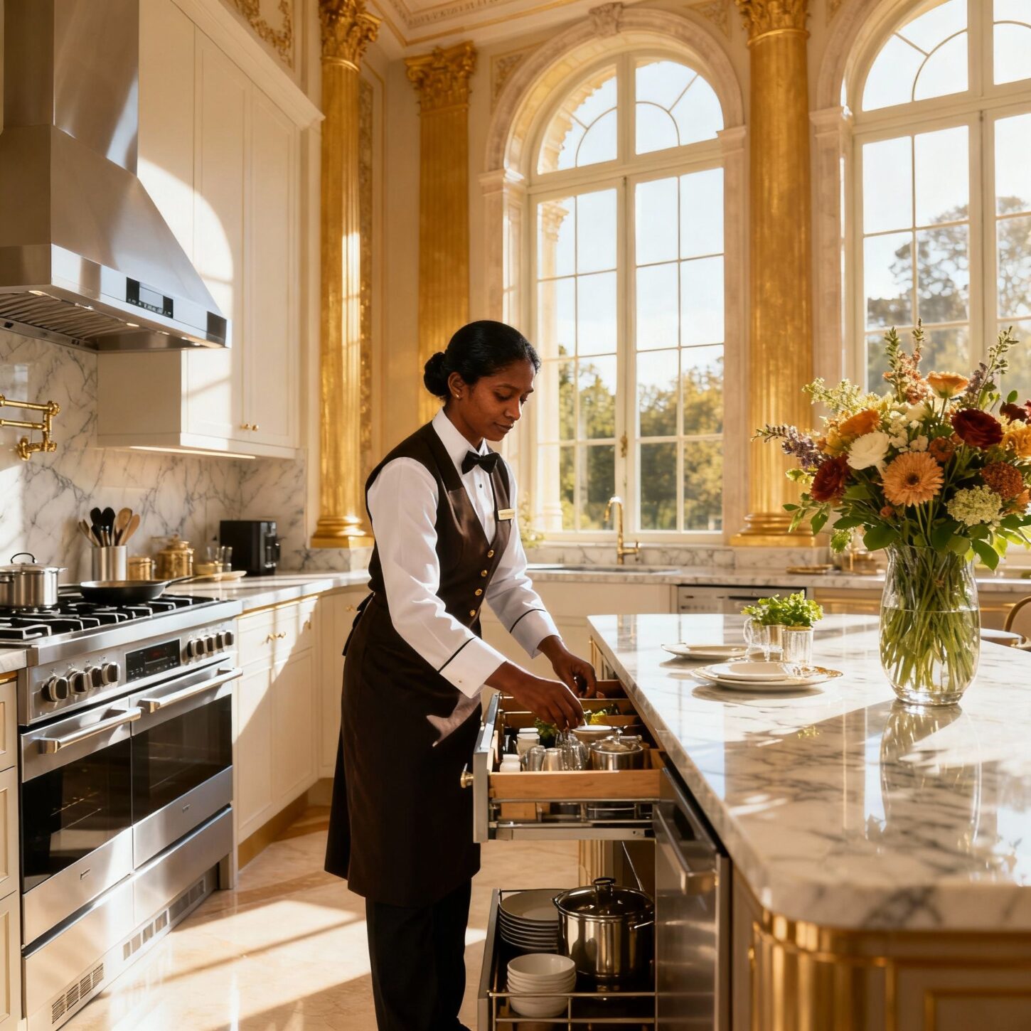 coppia domestici Filippini per villa storica - Personale asiatico in cucina luxury di villa europea