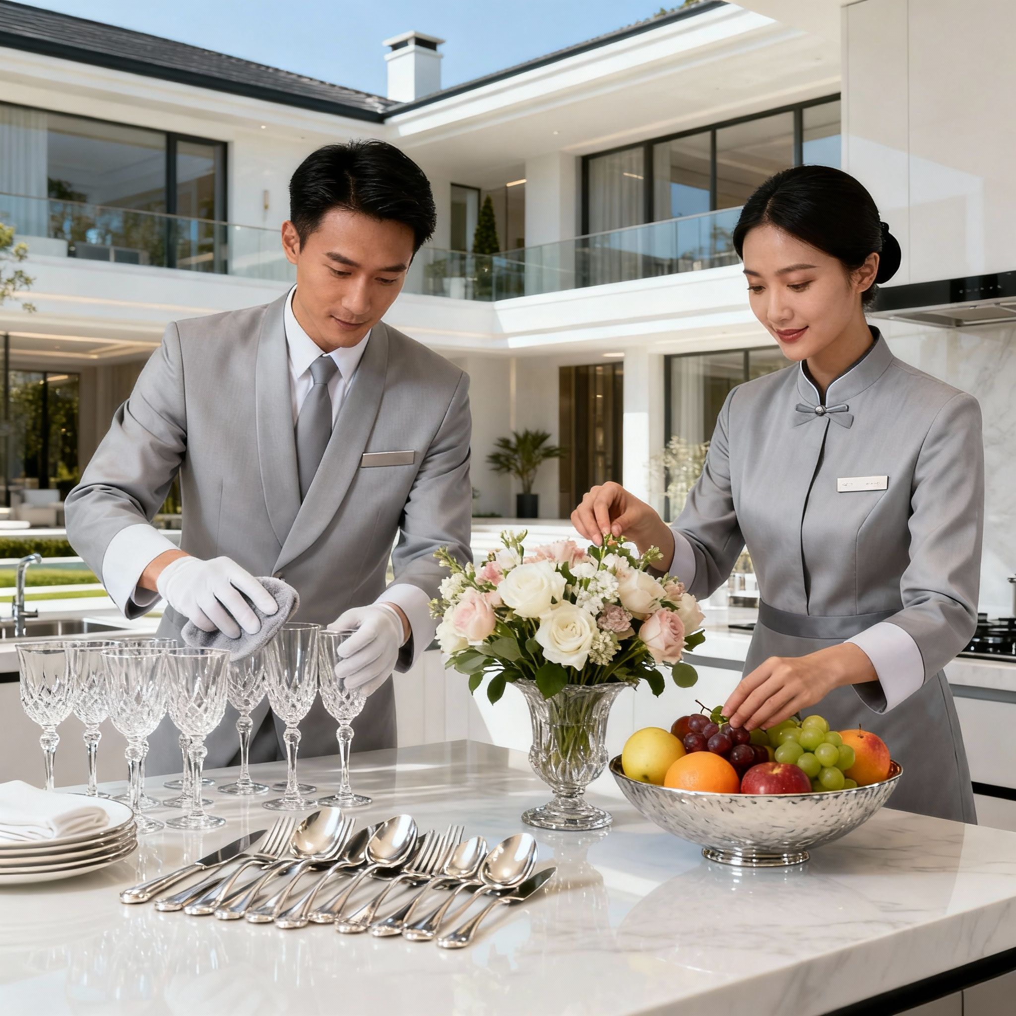 Coppia domestici affidabili e discreti prepara una tavola da pranzo elegante per un evento in una residenza di lusso.