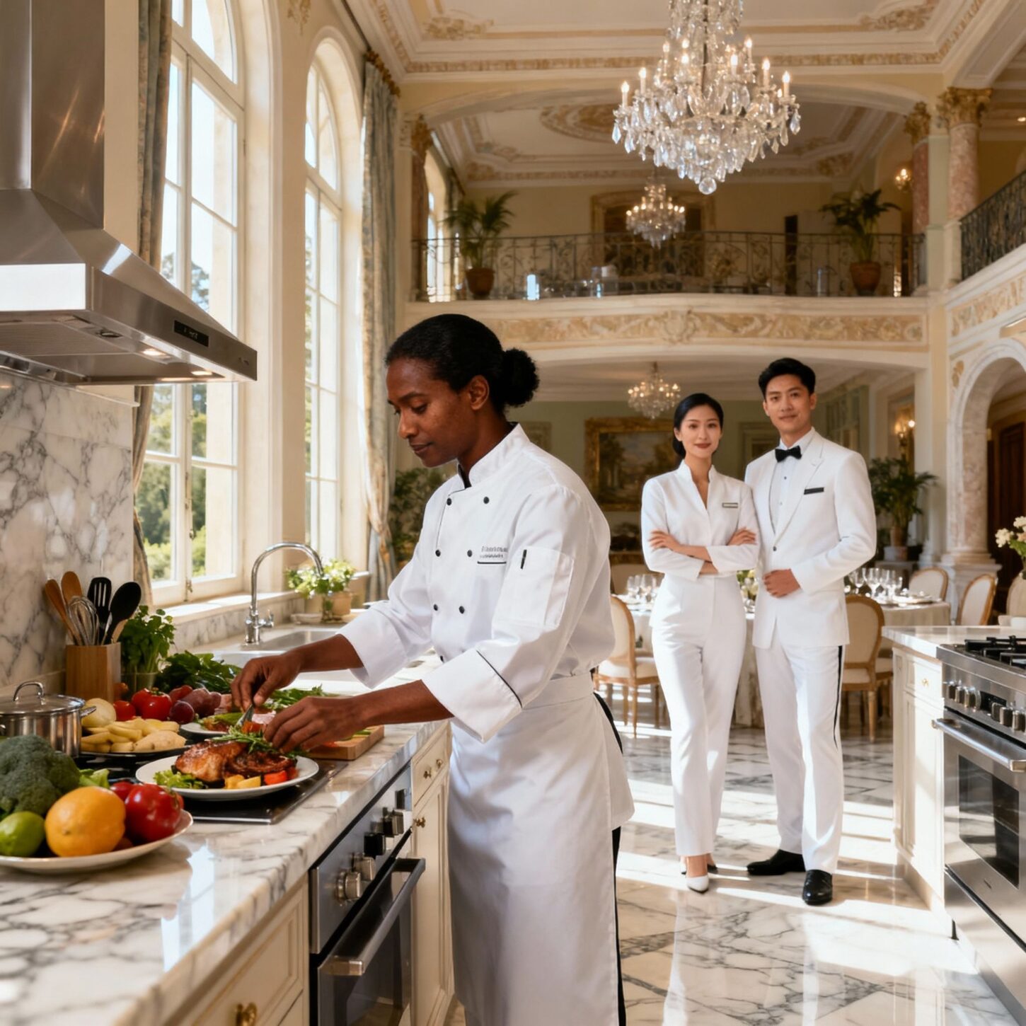 coppia domestici per gestione casa - cucina gourmet villa italiana