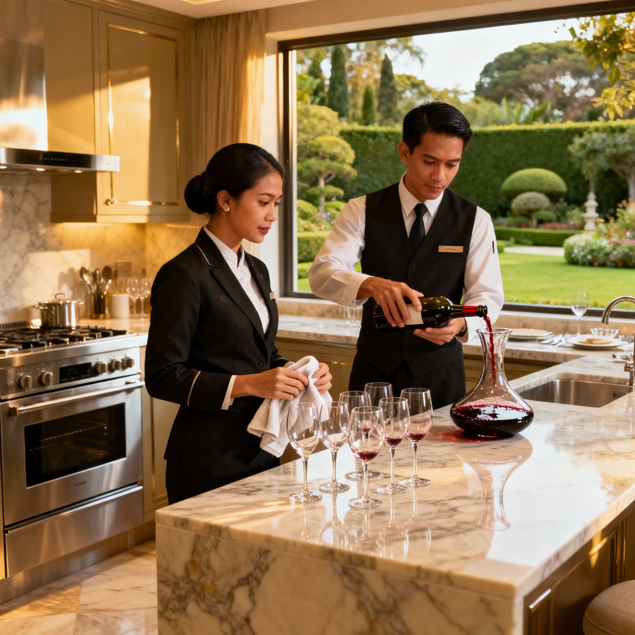 Coppia domestici per villa con giardino che prepara una cena elegante, simbolo di un servizio di lusso.