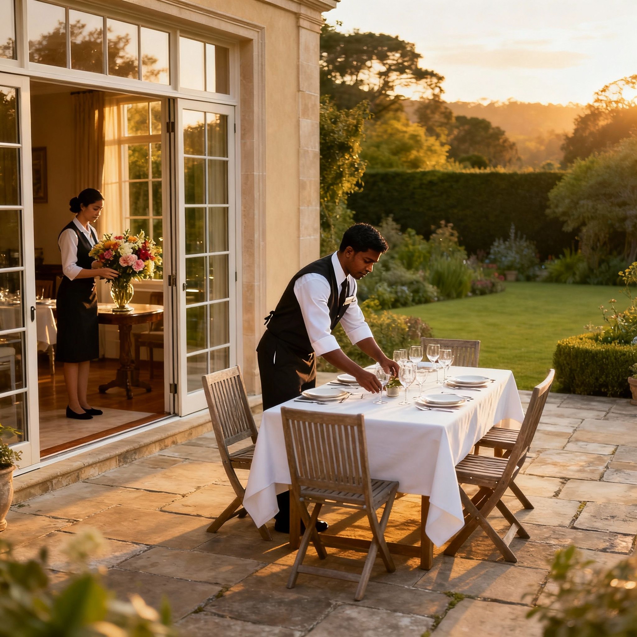Coppia domestici per villa con giardino che allestisce un'area pranzo esterna con professionalità.