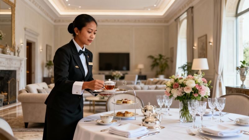 Agenzia colf filippine Chianciano Terme - domestica filippina professionale che serve il tè in salotto di lusso elegante