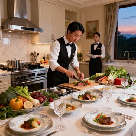 Agenzia colf filippine Chianciano Terme - domestica asiatica che prepara cena gourmet in cucina di lusso