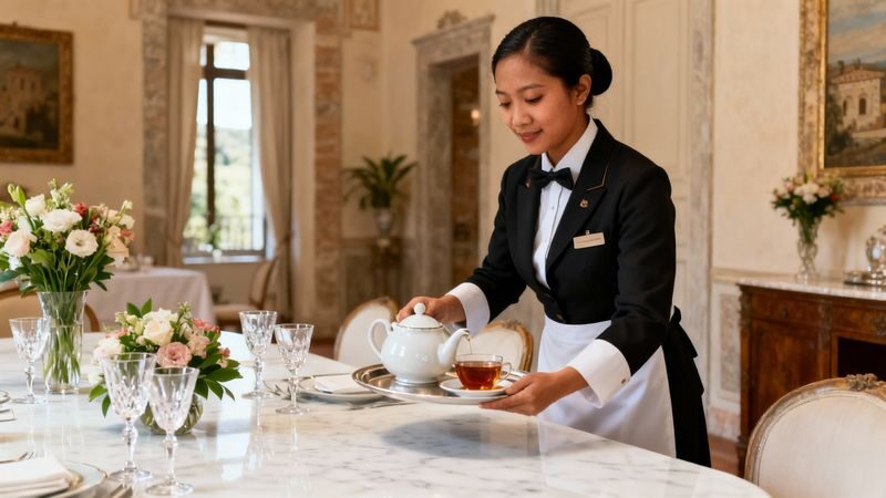 Agenzia domestici Perugia - Domestico filippino professionale in villa di lusso che serve il tè