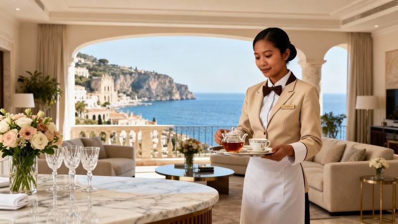 Agenzia domestici Taormina - domestico filippino che serve il tè in villa di lusso con vista mare a Taormina