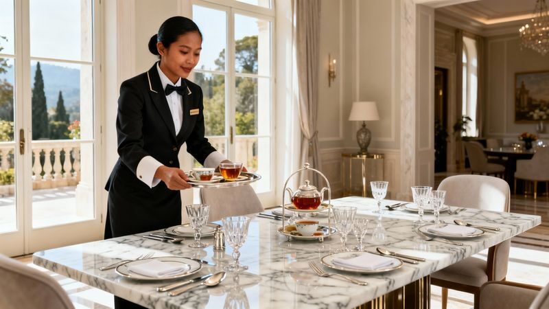 Migliore agenzia colf Carrara - Domestico filippino professionale che serve il tè in sala da pranzo di lusso