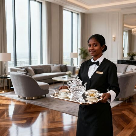 Migliore agenzia domestici Ascoli Piceno - Asian housekeeper serving tea in luxury living room