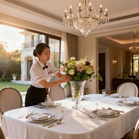 Migliore agenzia domestici Ascoli Piceno - Asian staff arranging flowers at luxury dining table