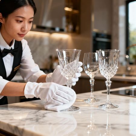 Migliore agenzia domestici Ascoli Piceno - Close-up of Asian housekeeper hands polishing glassware