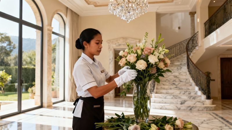 Migliore agenzia domestici Urbino - Asian domestic worker in luxury Italian villa foyer with flowers