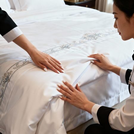 Migliore agenzia domestici Urbino - Asian domestic worker's hands on luxury bedding