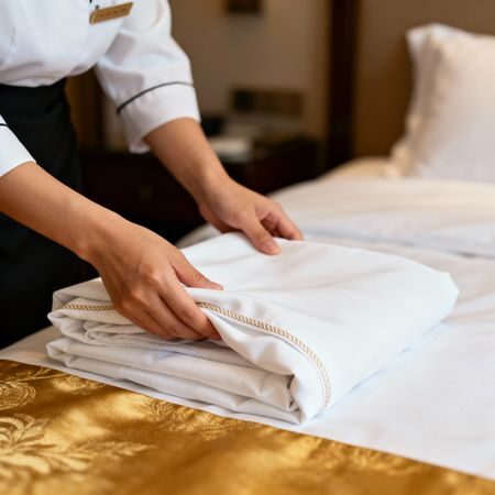 Migliore agenzia domestici Venezia - Asian housekeeper hands with luxury linens