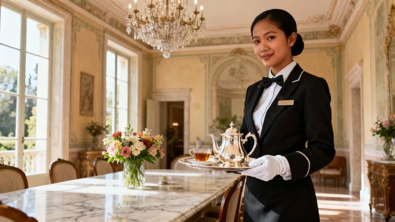 Agenzia domestici Urbino - Domestico filippino professionale che serve il tè in villa di lusso con arredi classici