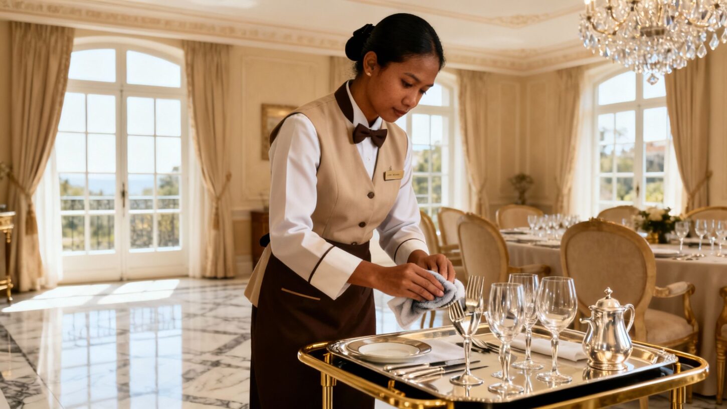 Colf Tirano - Domestica filippina professionale che cura l'argenteria in sala da pranzo luxury
