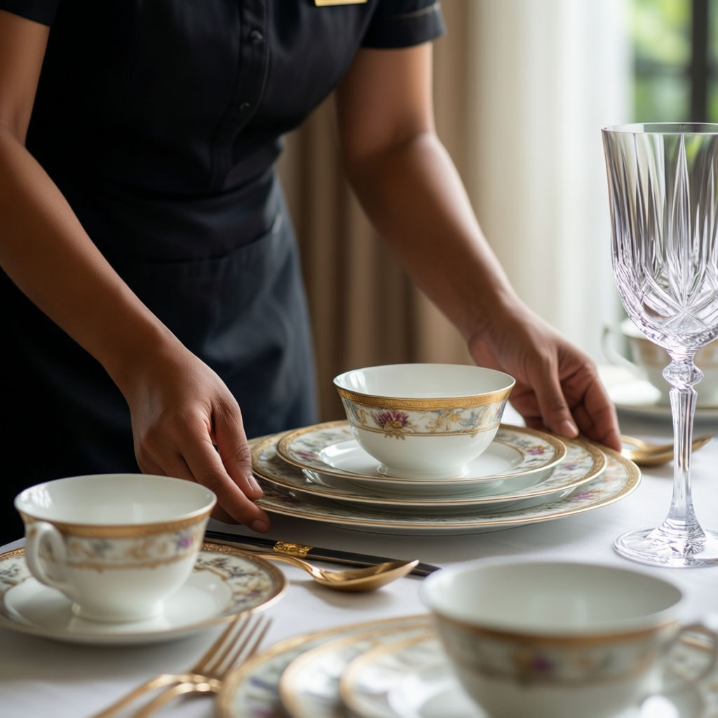 Colf Tirano - Mani di domestica asiatica allestiscono tavola luxury con cura