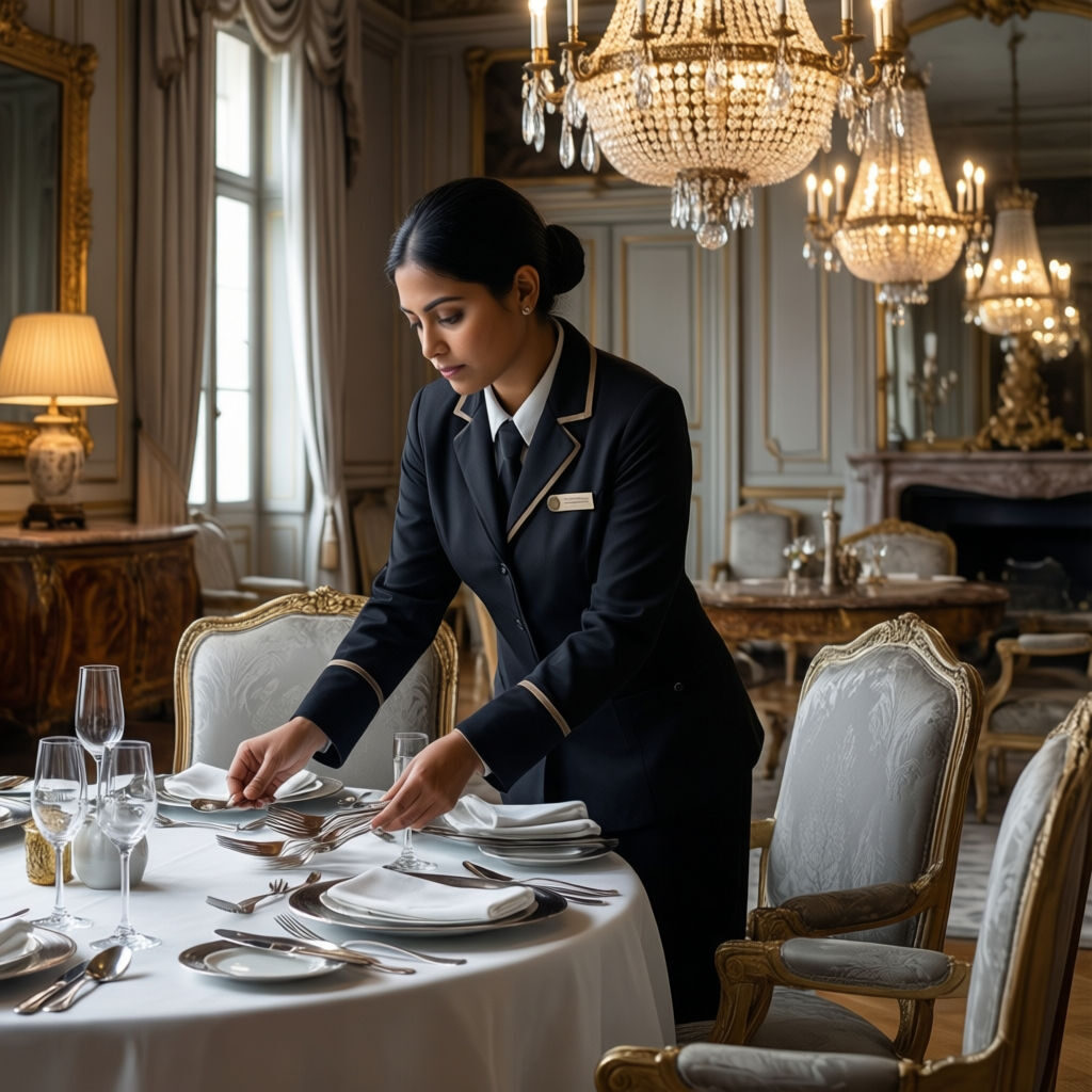 Colf Torino - domestica asiatica in uniforme elegante che prepara argenteria in sala da pranzo dimora storica