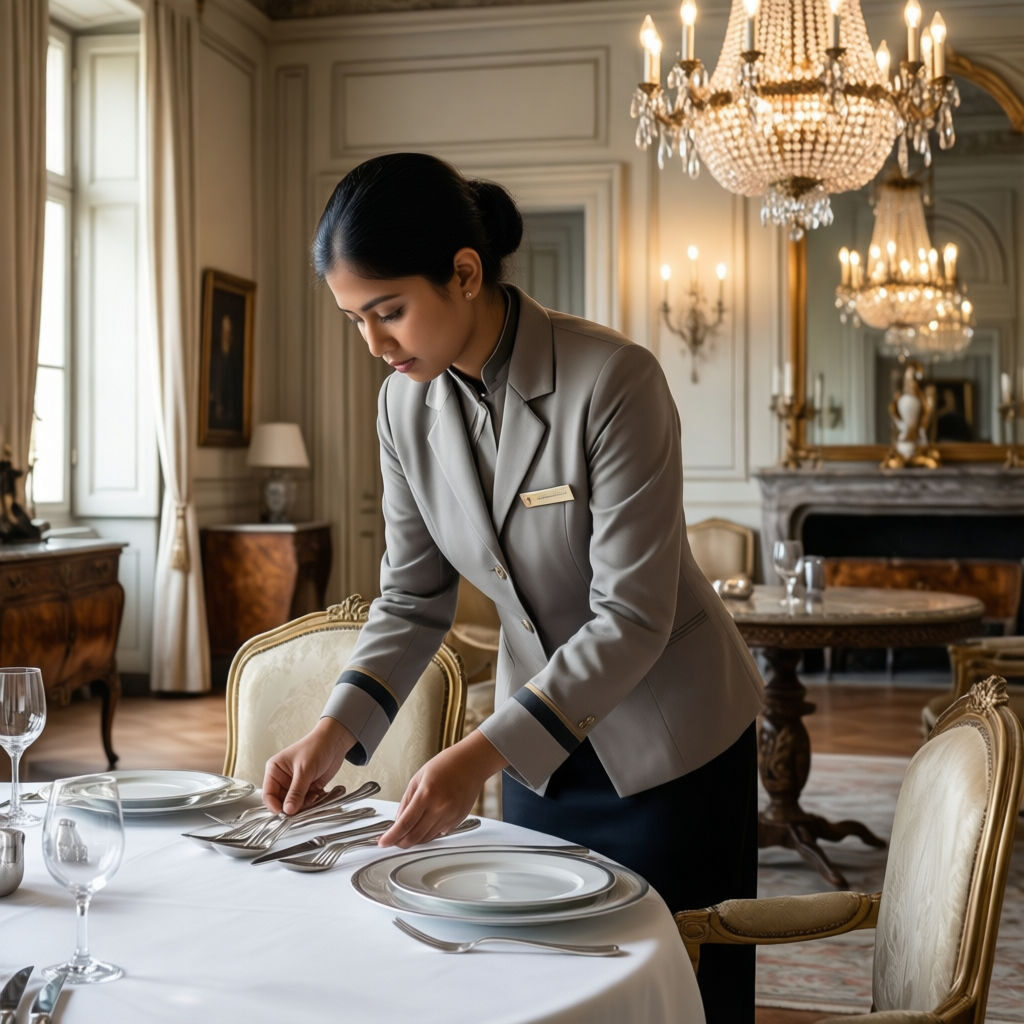 Colf Torino - domestica asiatica filippina in uniforme elegante curando argenteria sala pranzo dimora storica