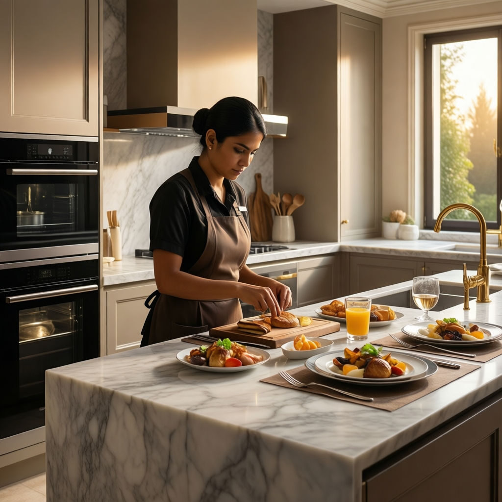 Colf Treviso servizio culinario di pregio con domestica asiatica in cucina designer