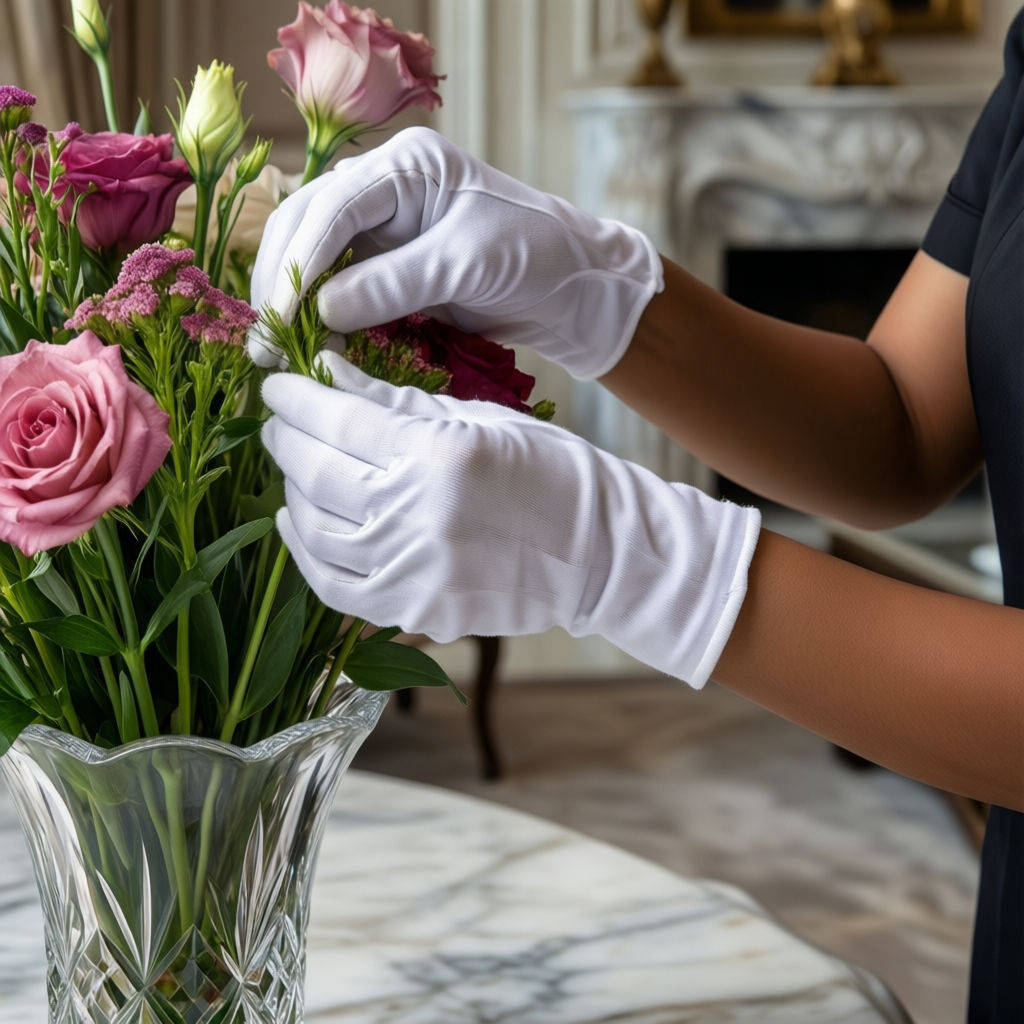 Colf Trieste - dettaglio mani asiatiche in ambiente elegante con fiori di lusso