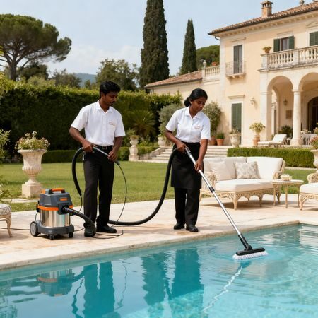 Coppia domestici manutenzione piscina - personale asiatico specializzato