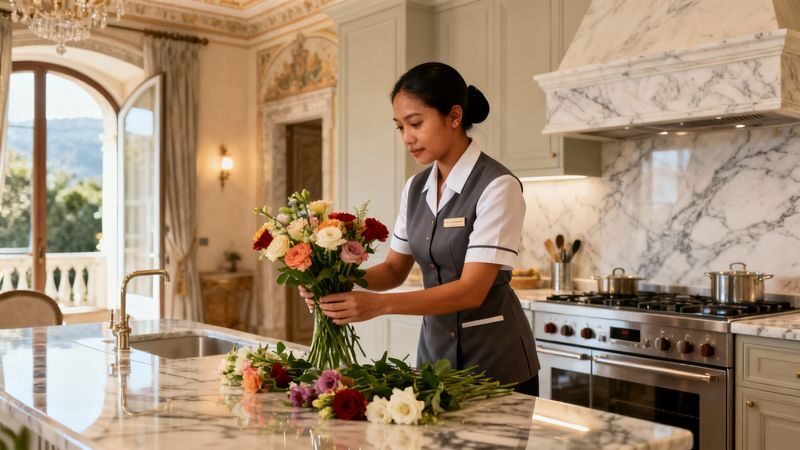 Migliore agenzia colf Alessandria - Asian domestic worker in luxury villa setting