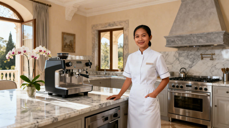 Agenzia colf filippine Ferrara - Domestica filippina professionale in cucina di lusso con marmi e acciaio
