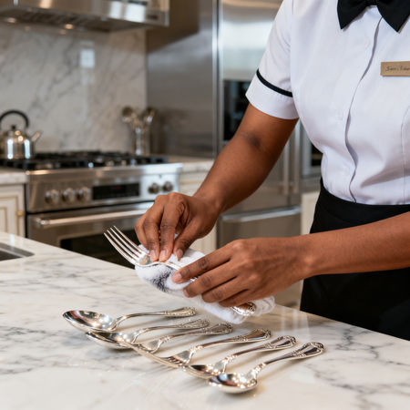Agenzia colf filippine Ferrara - Mano housekeeper Sri Lanka lucida posate d'argento in cucina luxury