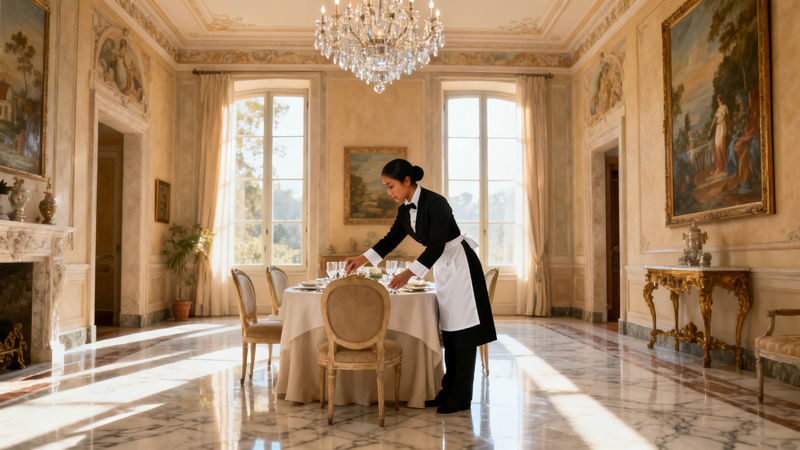 Agenzia per personale domestico Brescia - domestica filippina in livrea nera che prepara tavola elegante in villa di lusso