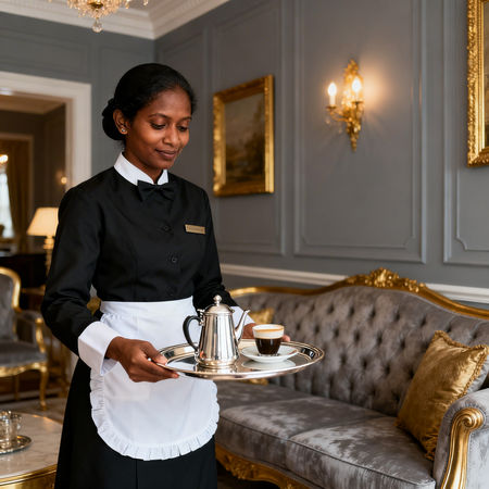 Agenzia per personale domestico Brescia - housekeeper srilankese che serve caffè in ambiente europeo elegante