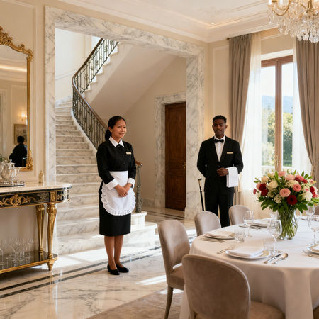 Agenzia per personale domestico Brescia - staff asiatico che dispone fiori in ingresso di villa lussuosa