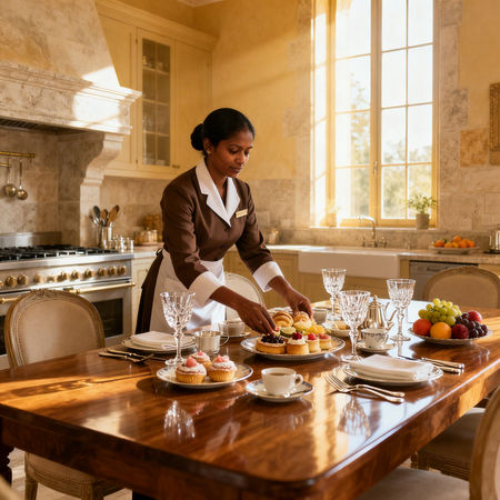 Agenzia per personale domestico Siena - housekeeper Sri Lankan in ambiente europeo elegante, preparazione colazione gourmet