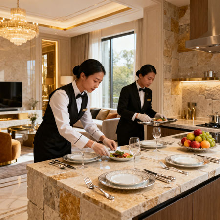 Agenzia per personale domestico Siena - staff asiatico di lusso che prepara cena elegante in ambiente esclusivo