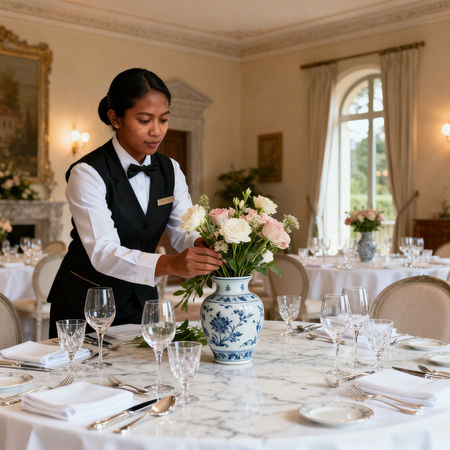 Migliore agenzia colf Cesena - staff asiatico prepara tavola elegante per cena privata Cesena
